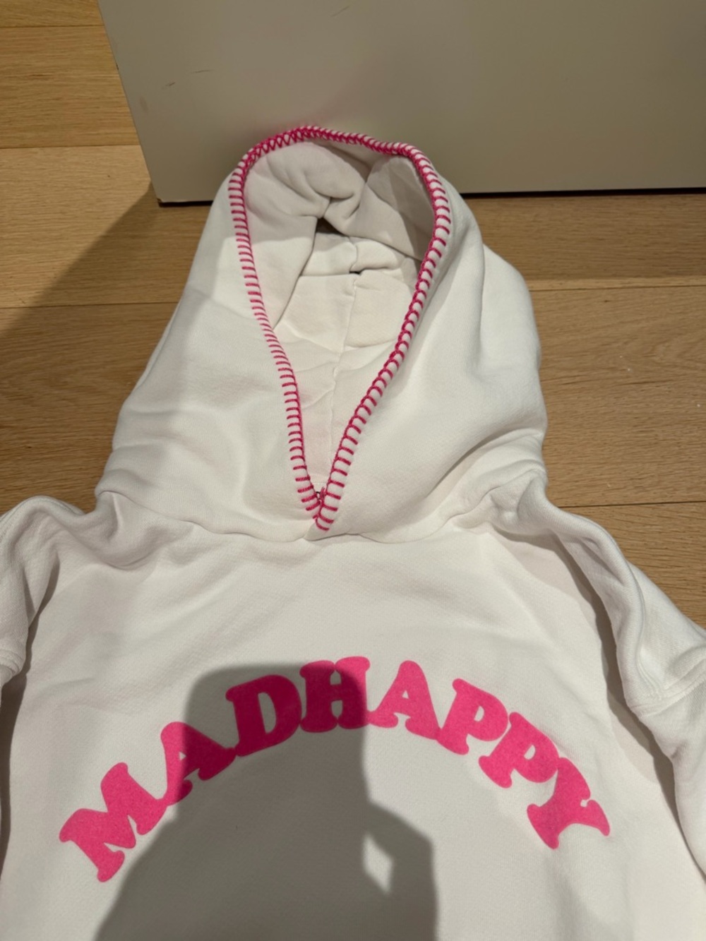 Madhappy White Hoodie with Pink Logo and Trim